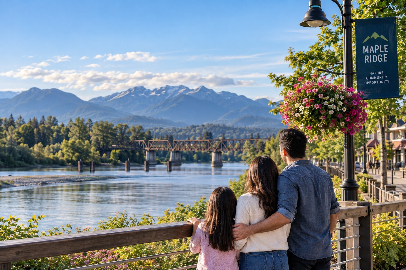 Family overlooking the Fraser River and mountains in Maple Ridge, BC