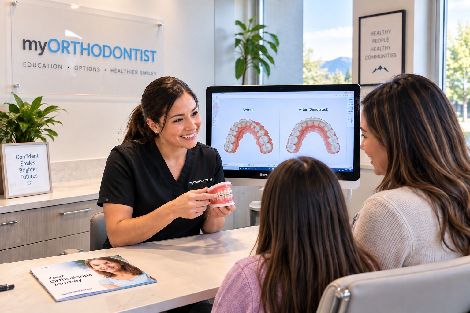 Female certified dental assistant discussing orthodontic treatment with a mother and daughter in Maple Ridge