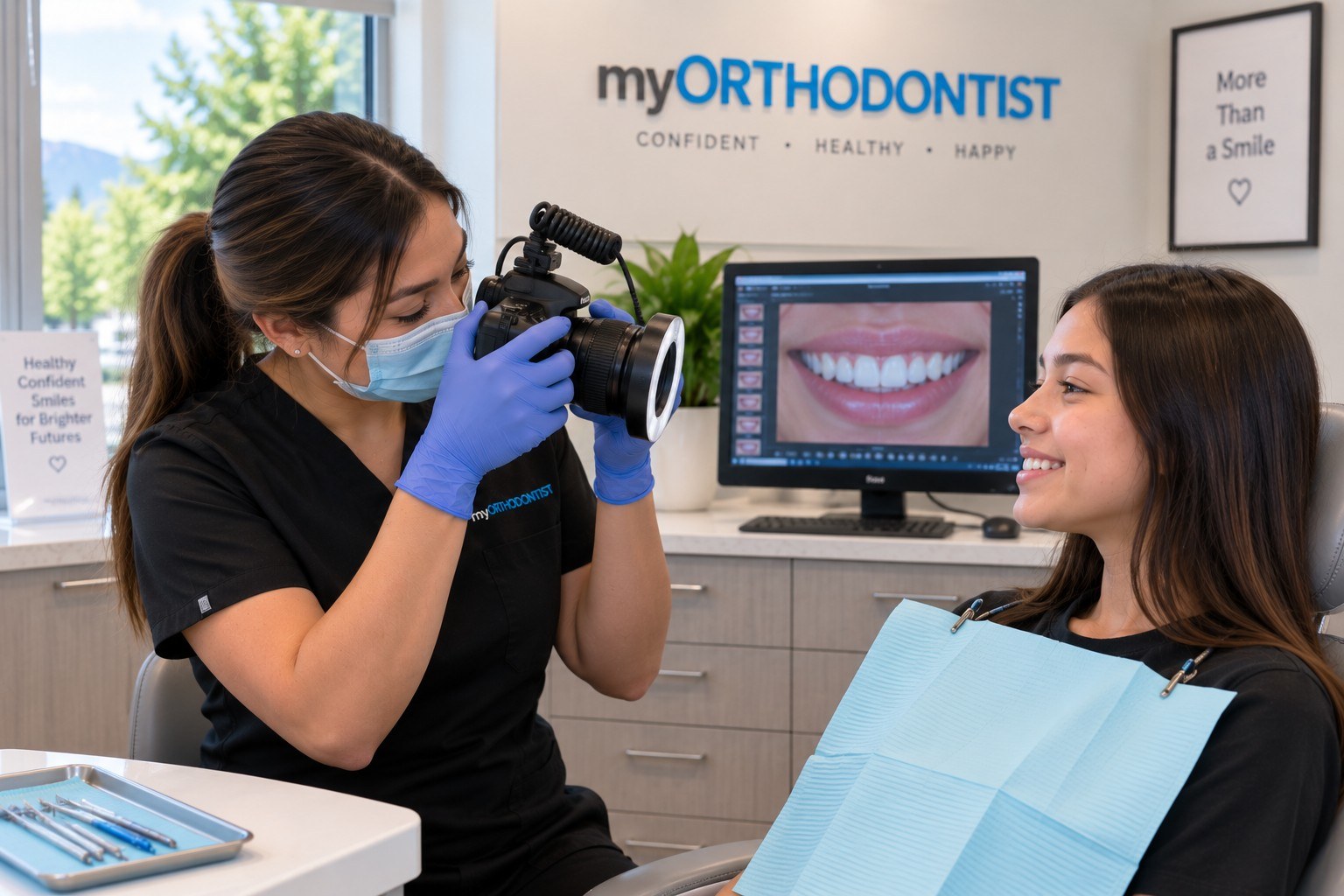 Female certified dental assistant taking orthodontic photographs for patient records