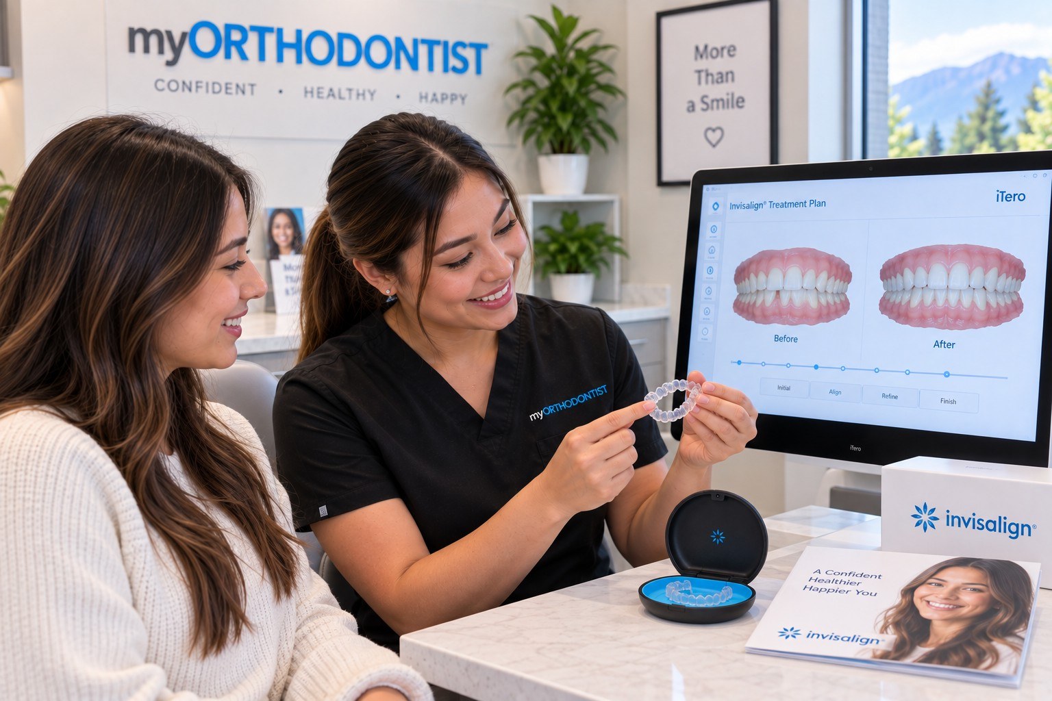 Female certified dental assistant reviewing an orthodontic treatment case with an adult patient