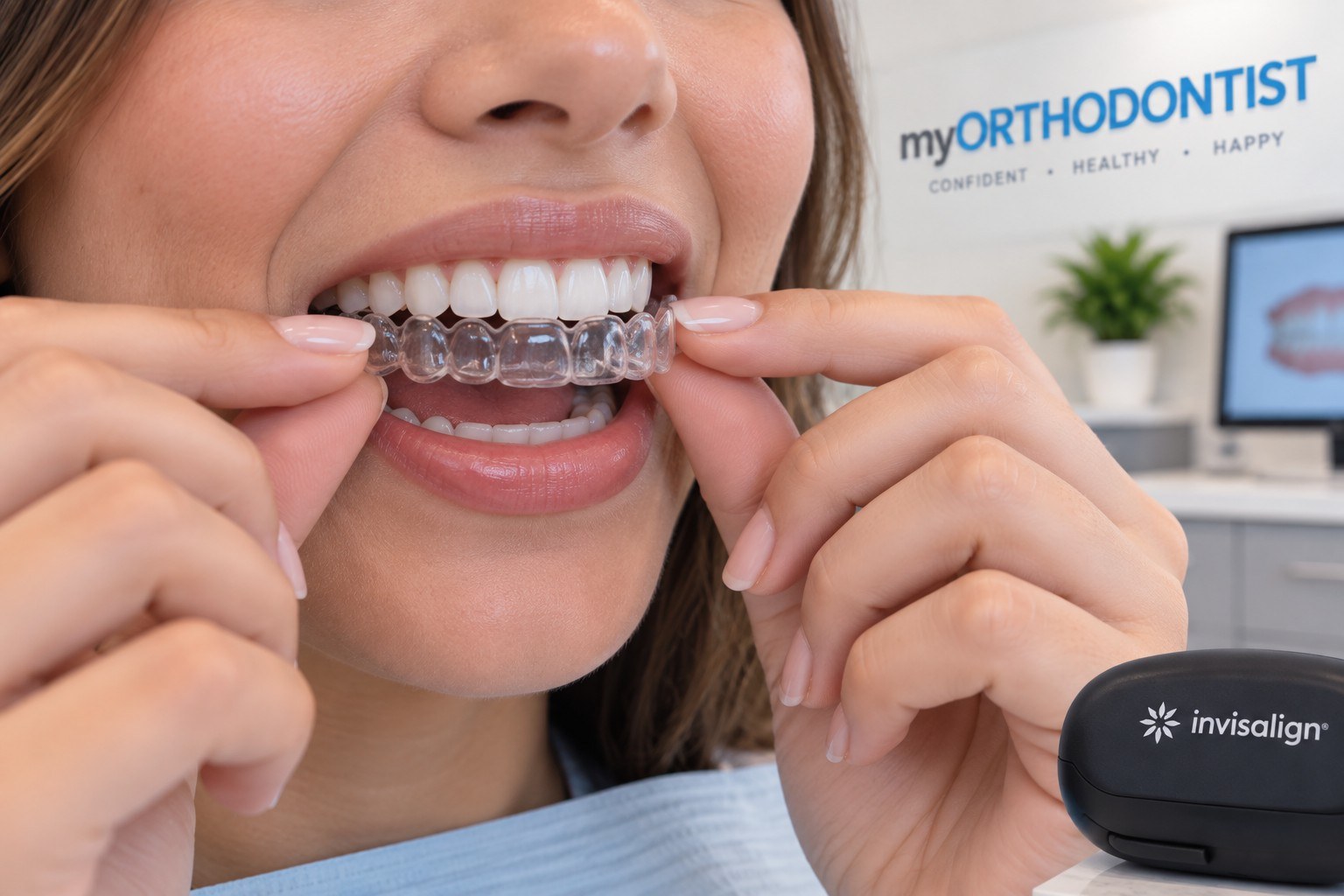 Close-up of a patient placing a clear Invisalign aligner with an Invisalign case nearby