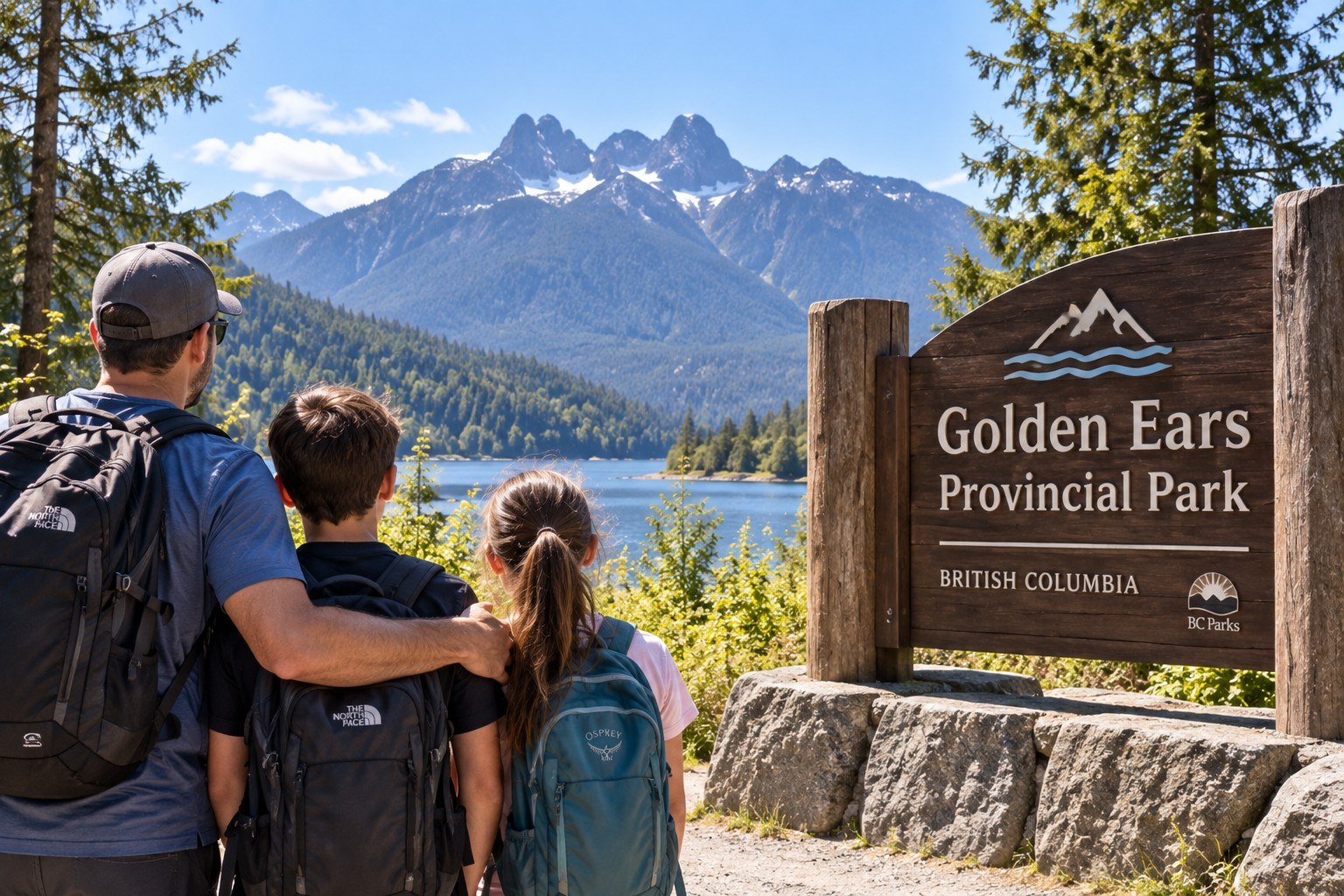 Family overlooking the mountains and lake at Golden Ears Provincial Park near Maple Ridge