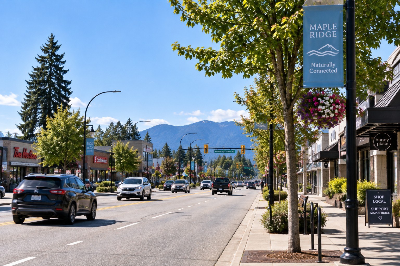 Street view along Dewdney Trunk Road in Maple Ridge, British Columbia