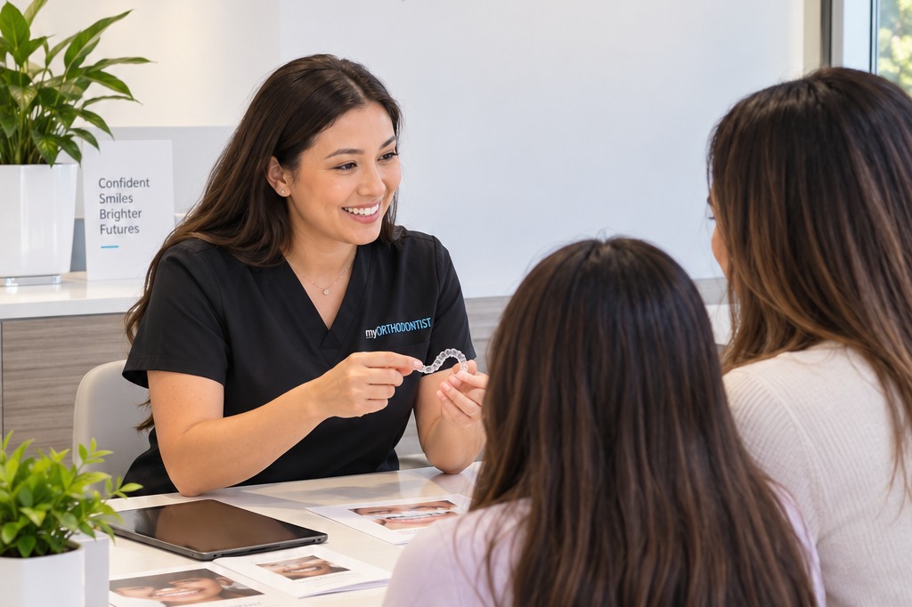 Treatment coordinator reviewing an iTero digital scan with a patient at myORTHODONTIST Maple Ridge before orthodontic treatment begins