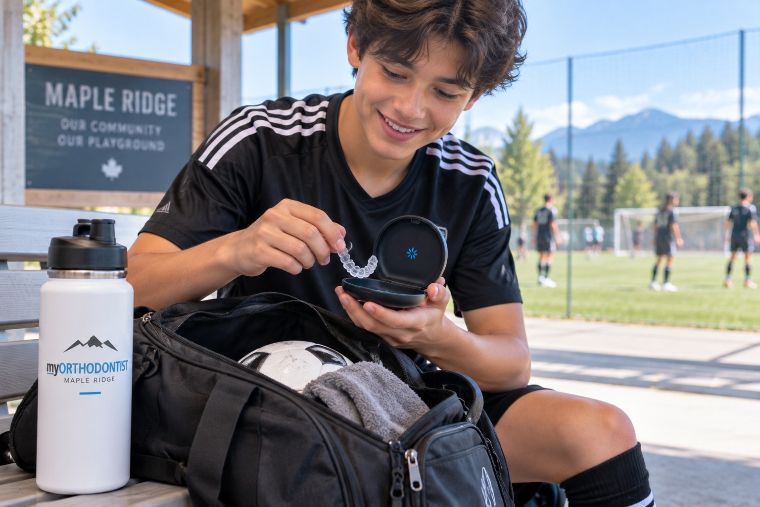 Teen athlete preparing for sports with orthodontic aligner case in Maple Ridge