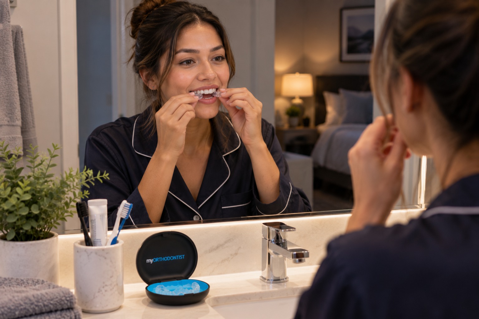 Patient inserting a clear orthodontic retainer as part of a nighttime retention routine