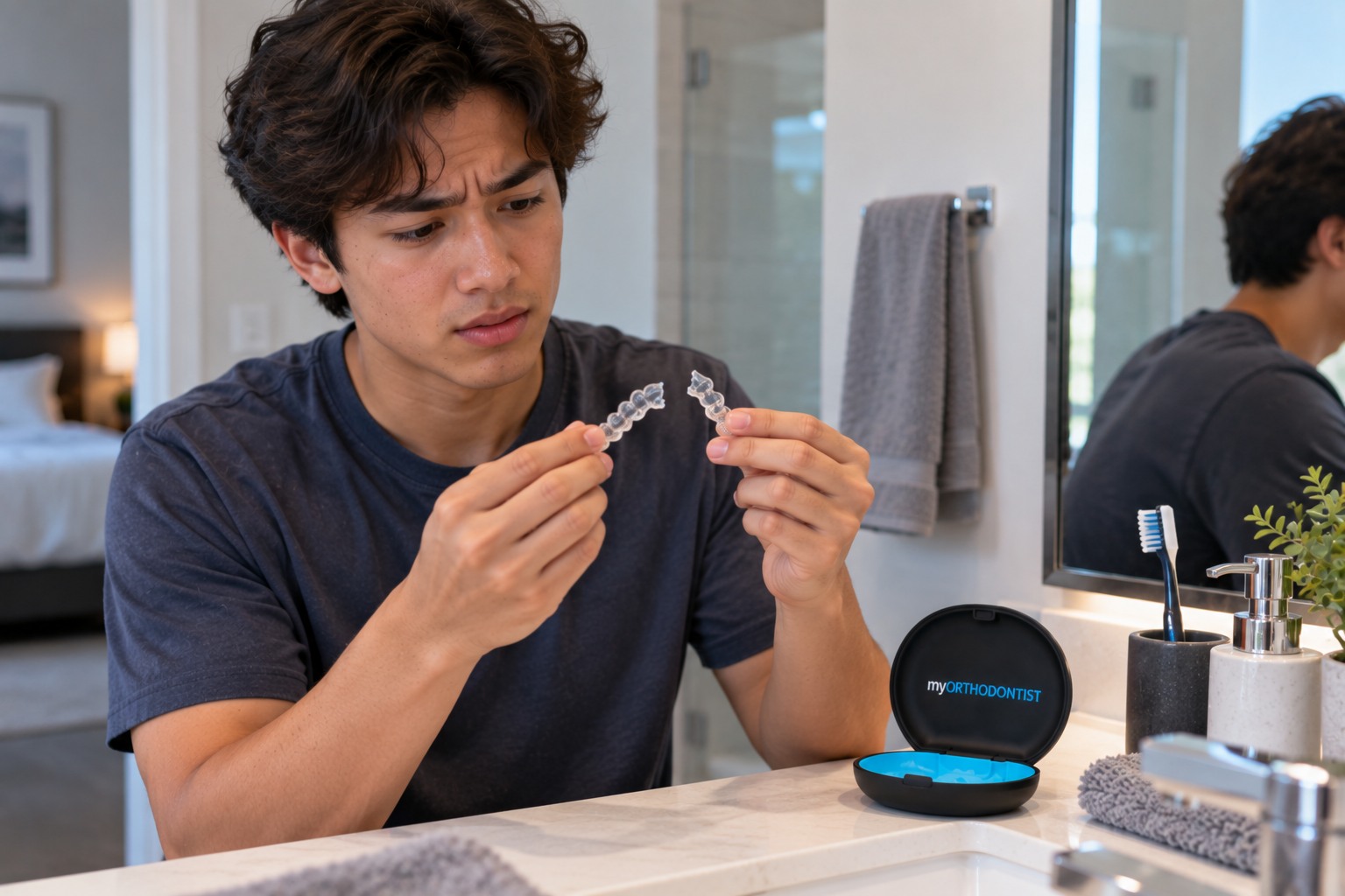 Patient examining a damaged clear orthodontic retainer after treatment in Maple Ridge