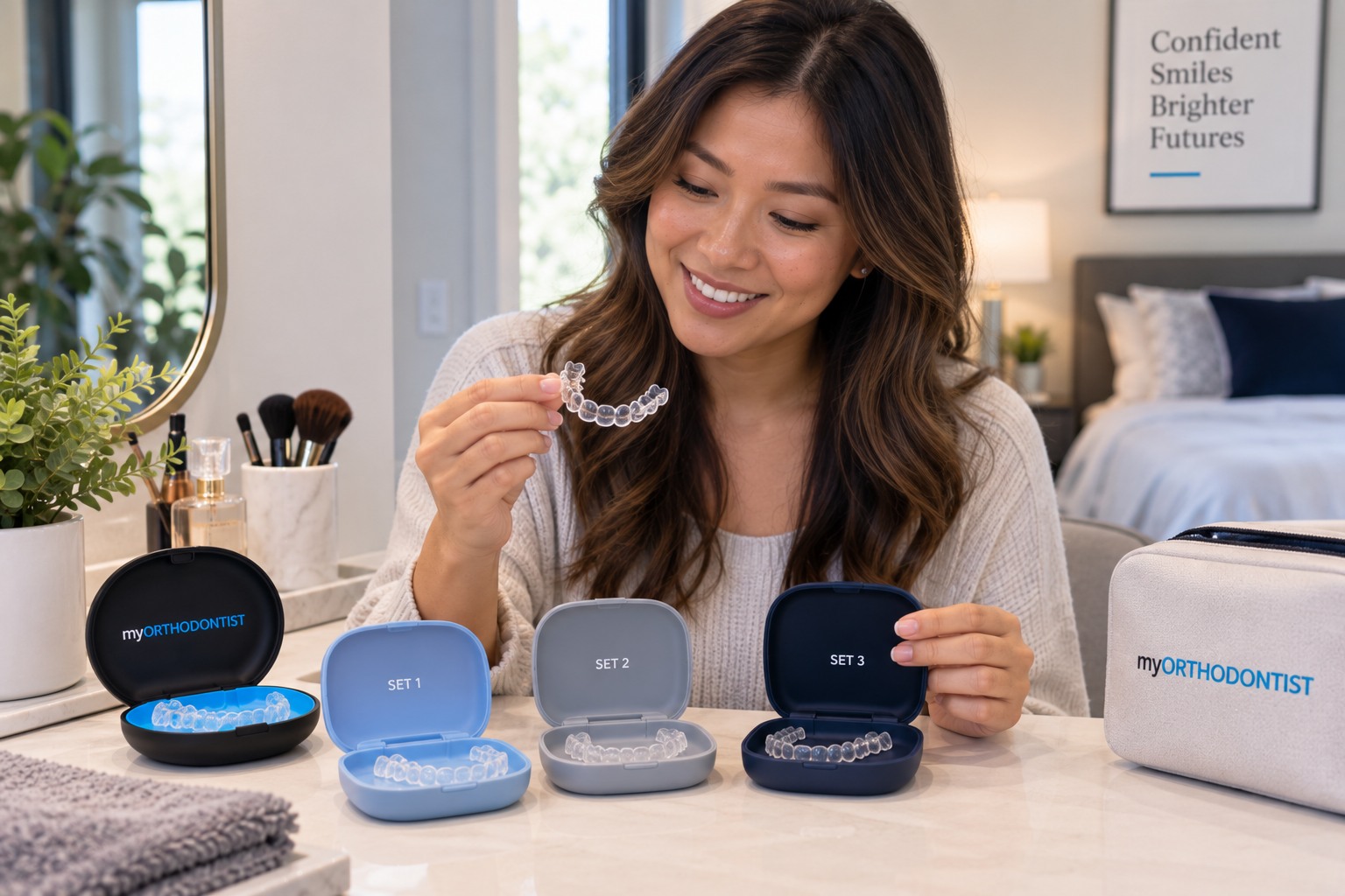 Multiple sets of clear orthodontic retainers organized for long-term retention after treatment