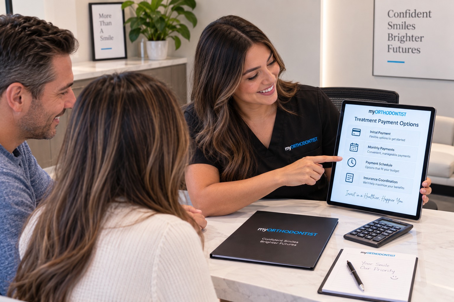 Patient reviewing orthodontic payment plan options with a treatment coordinator in Maple Ridge