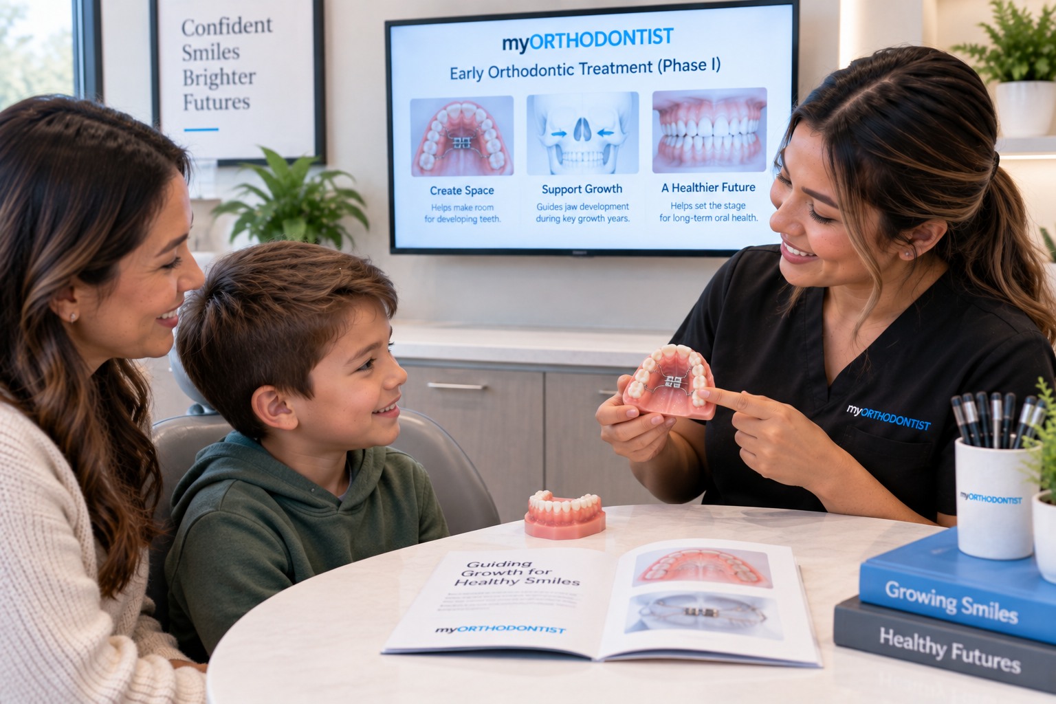 Dental assistant demonstrating a palatal expander to a child and parent in Maple Ridge