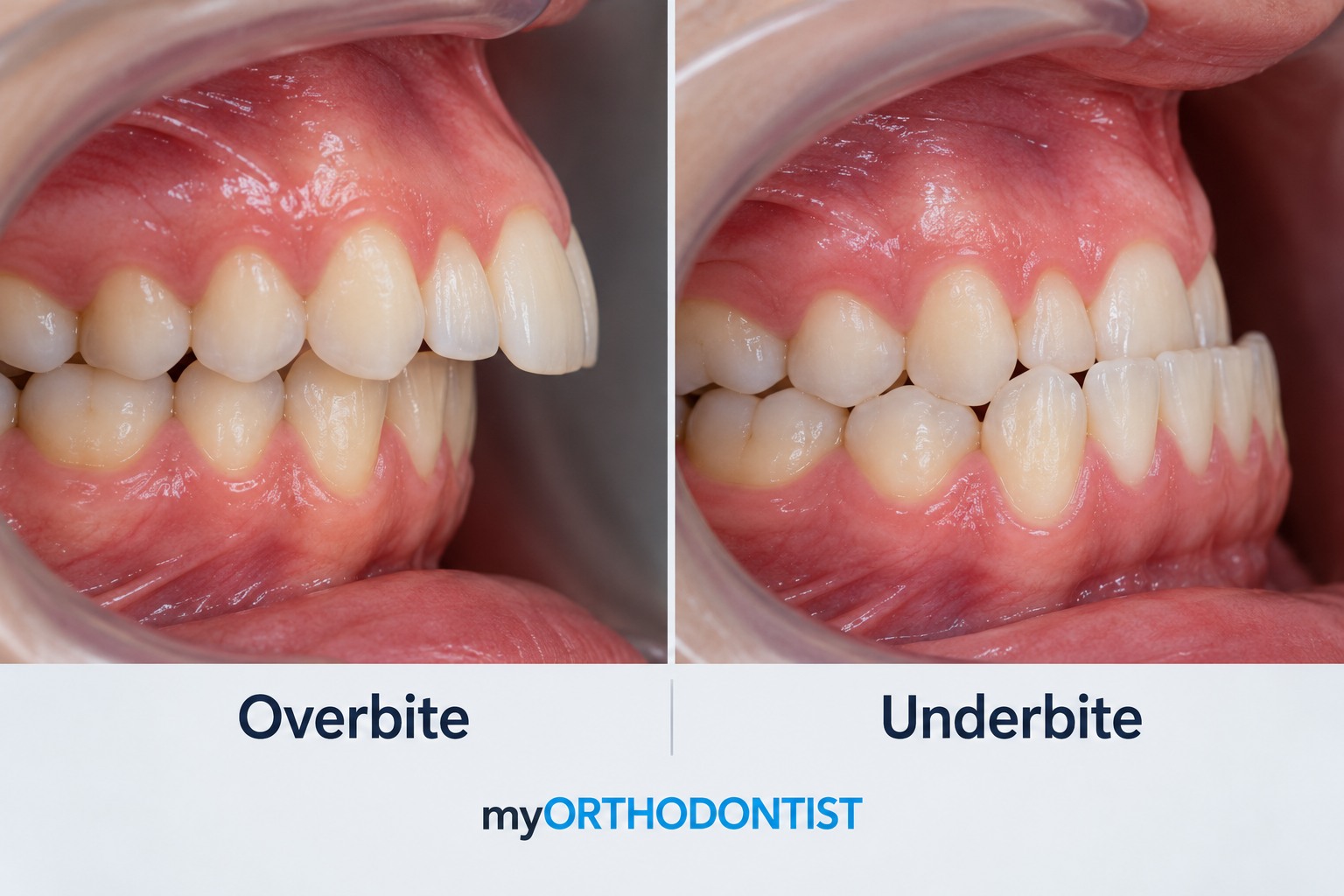 Clinical comparison showing overbite and underbite tooth relationships before orthodontic treatment