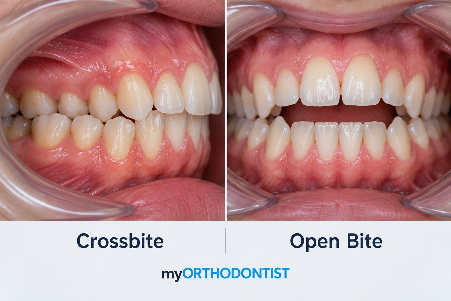 Clinical comparison showing crossbite and open bite tooth relationships before orthodontic treatment