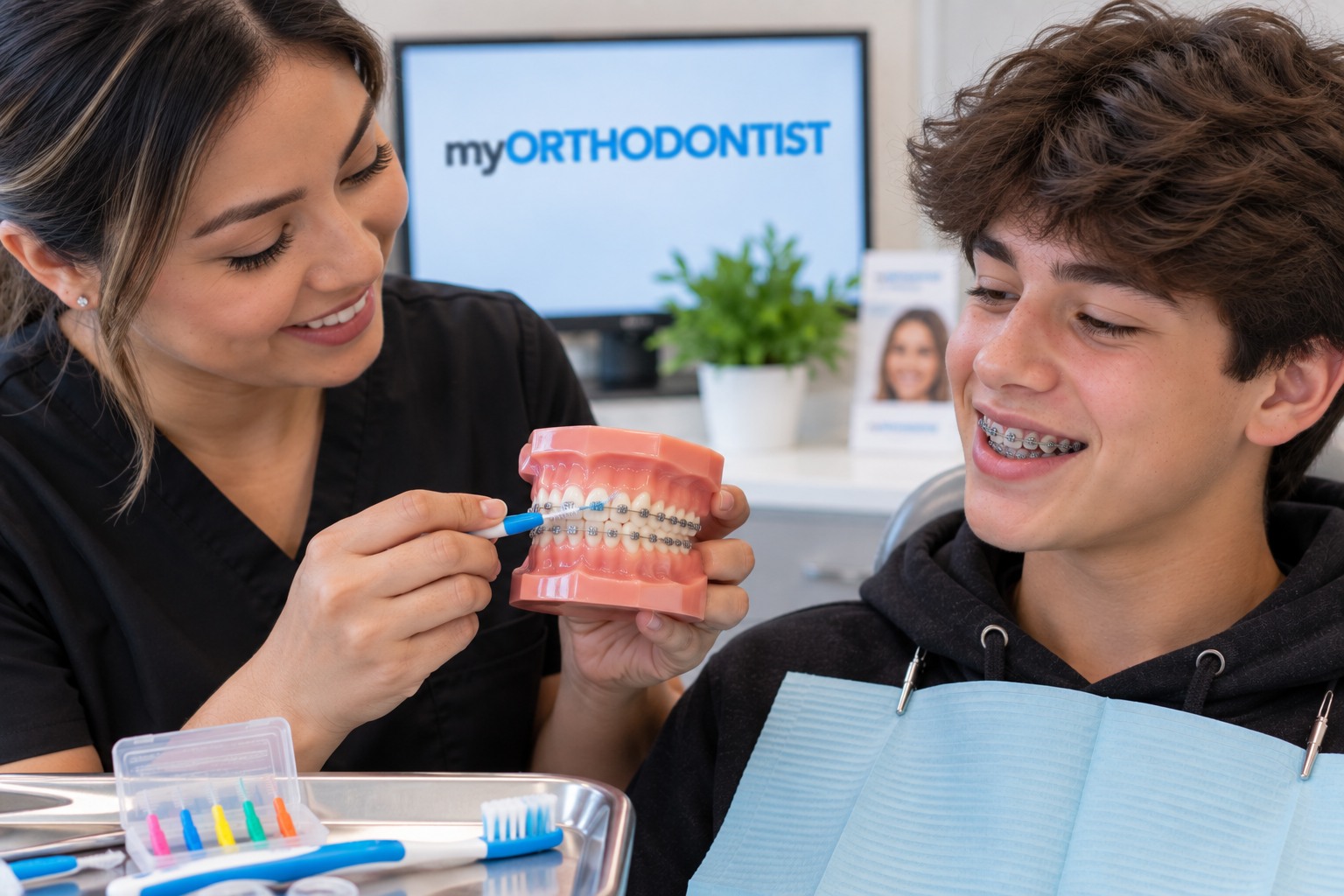 Teen learning to clean around orthodontic braces with an interdental brush