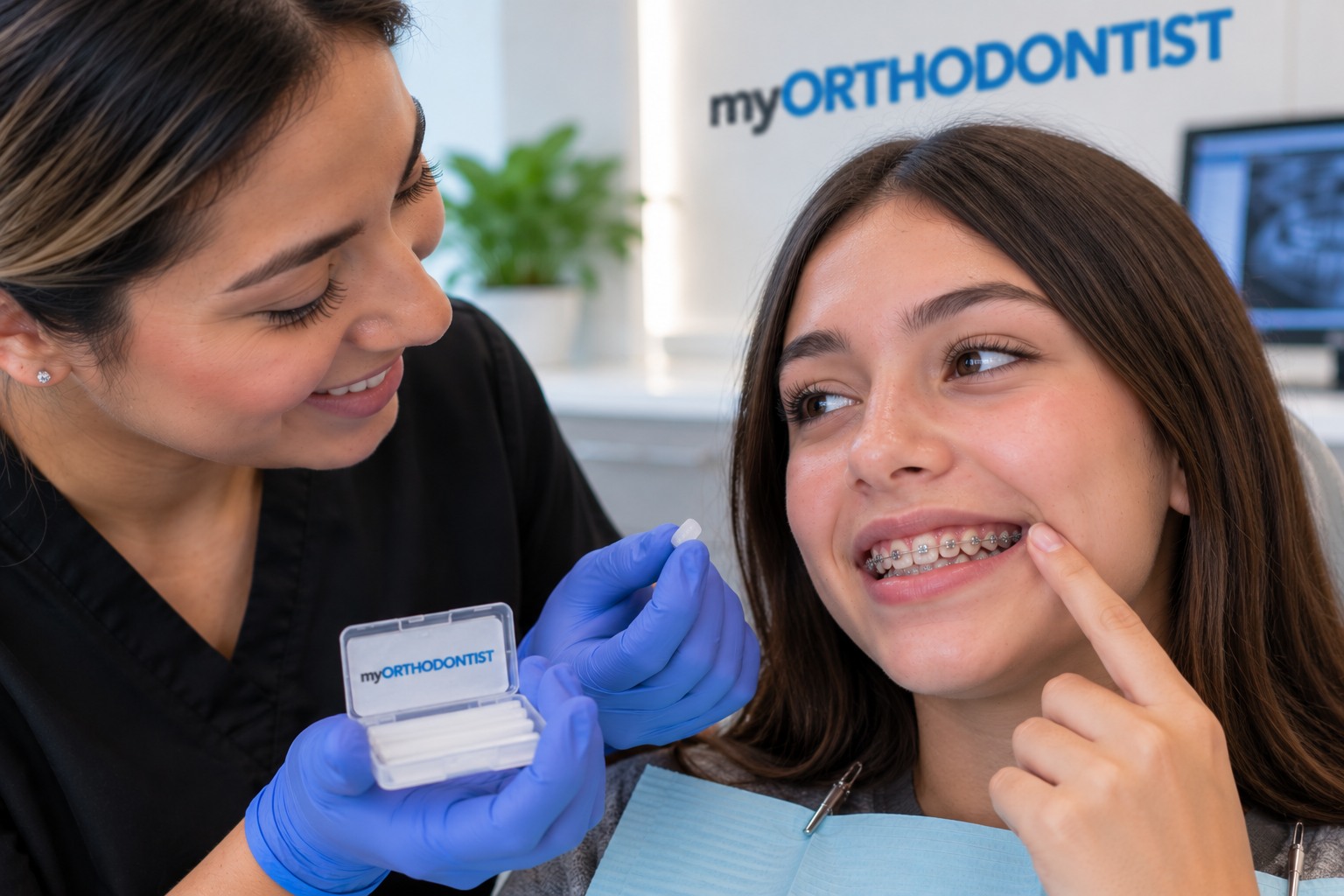 Orthodontic wax being used for a poking braces wire during orthodontic treatment