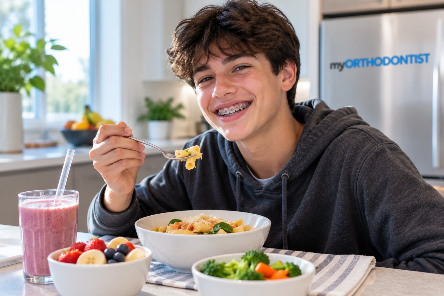 Teen with braces choosing soft braces-friendly foods during orthodontic treatment