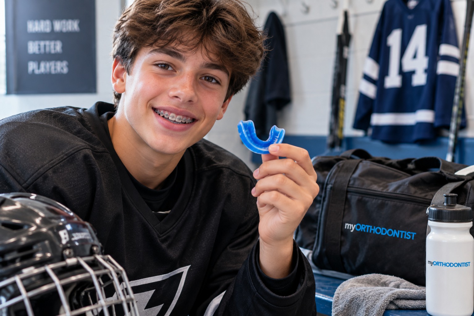 Teen athlete with braces preparing to use an orthodontic sports mouthguard in Maple Ridge