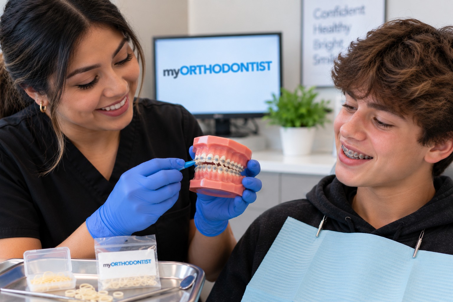 Teen learning how to wear interarch elastics with braces during orthodontic treatment