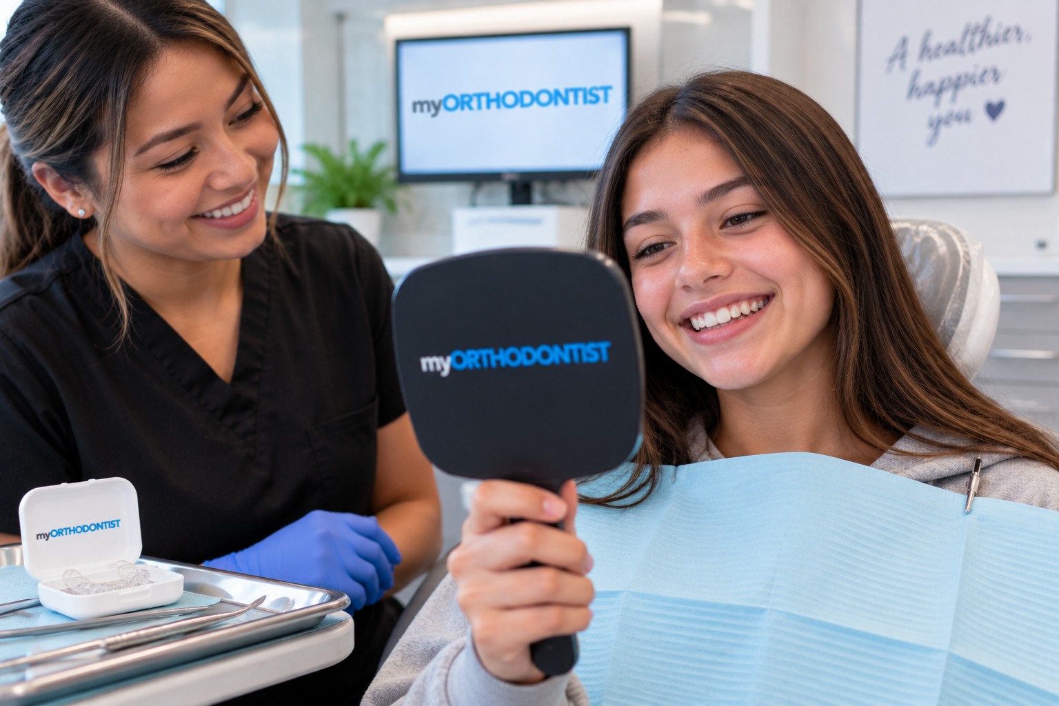 Teen seeing their new smile after braces removal at the end of orthodontic treatment