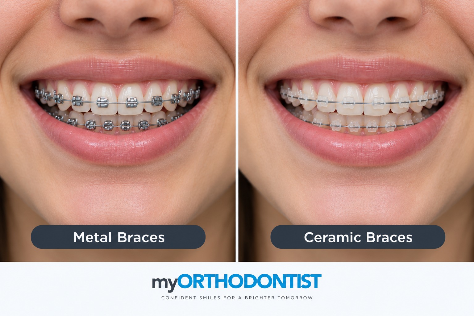 Clinical comparison of conventional metal braces and tooth-coloured ceramic braces