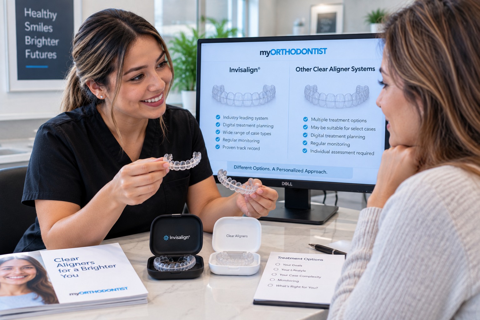 Patient comparing Invisalign and other clear aligner treatment options during an orthodontic consultation