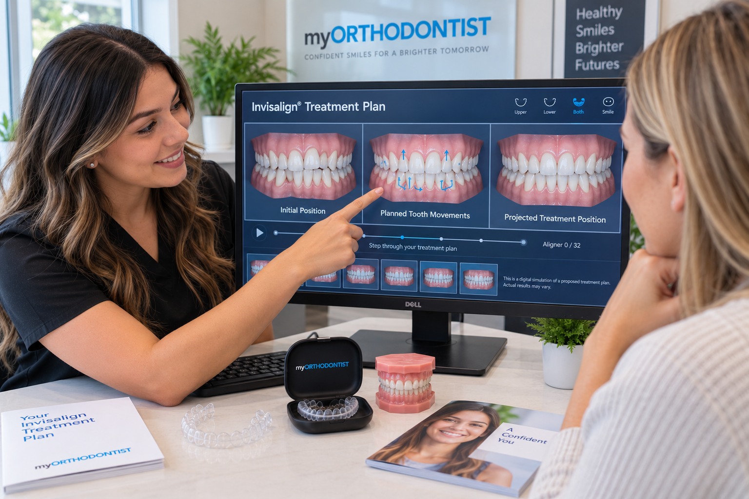 Patient reviewing a digitally planned Invisalign tooth-movement sequence during an orthodontic consultation