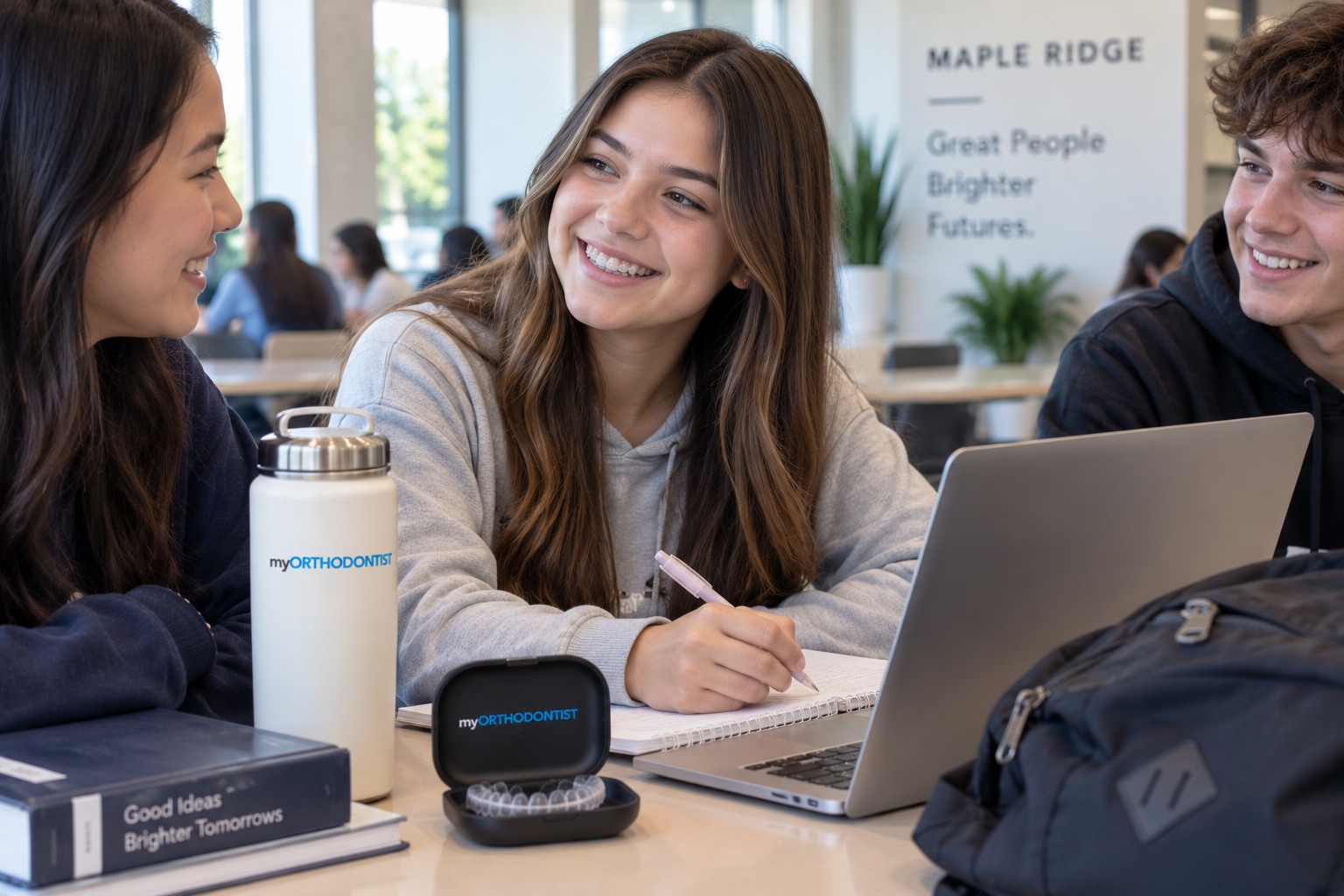 Teen wearing clear Invisalign aligners while studying with friends in Maple Ridge