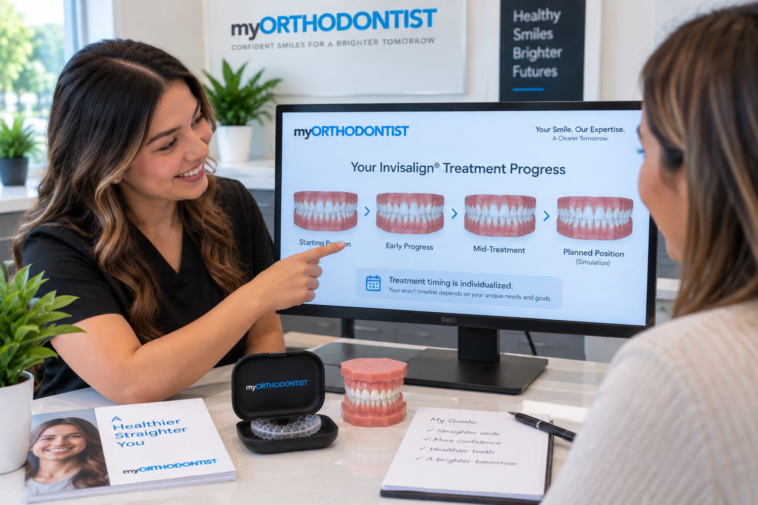 Patient reviewing the stages and individualized timeline of Invisalign treatment in Maple Ridge