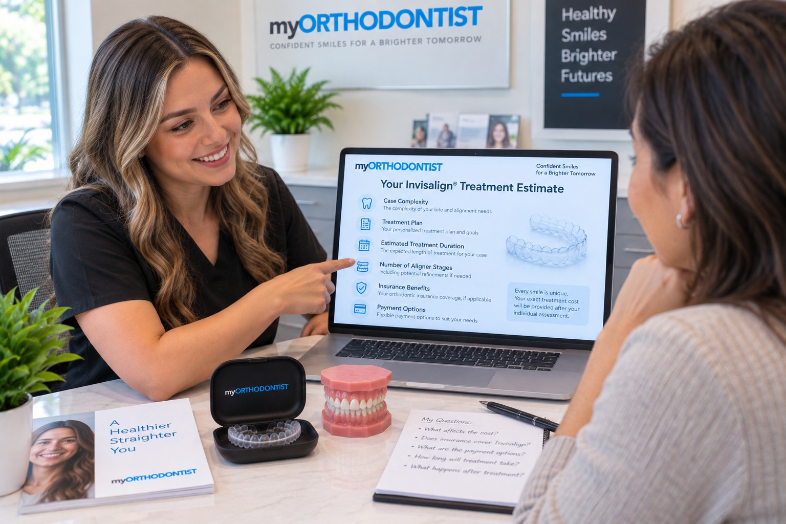 Patient reviewing factors that affect Invisalign treatment cost with a treatment coordinator in Maple Ridge