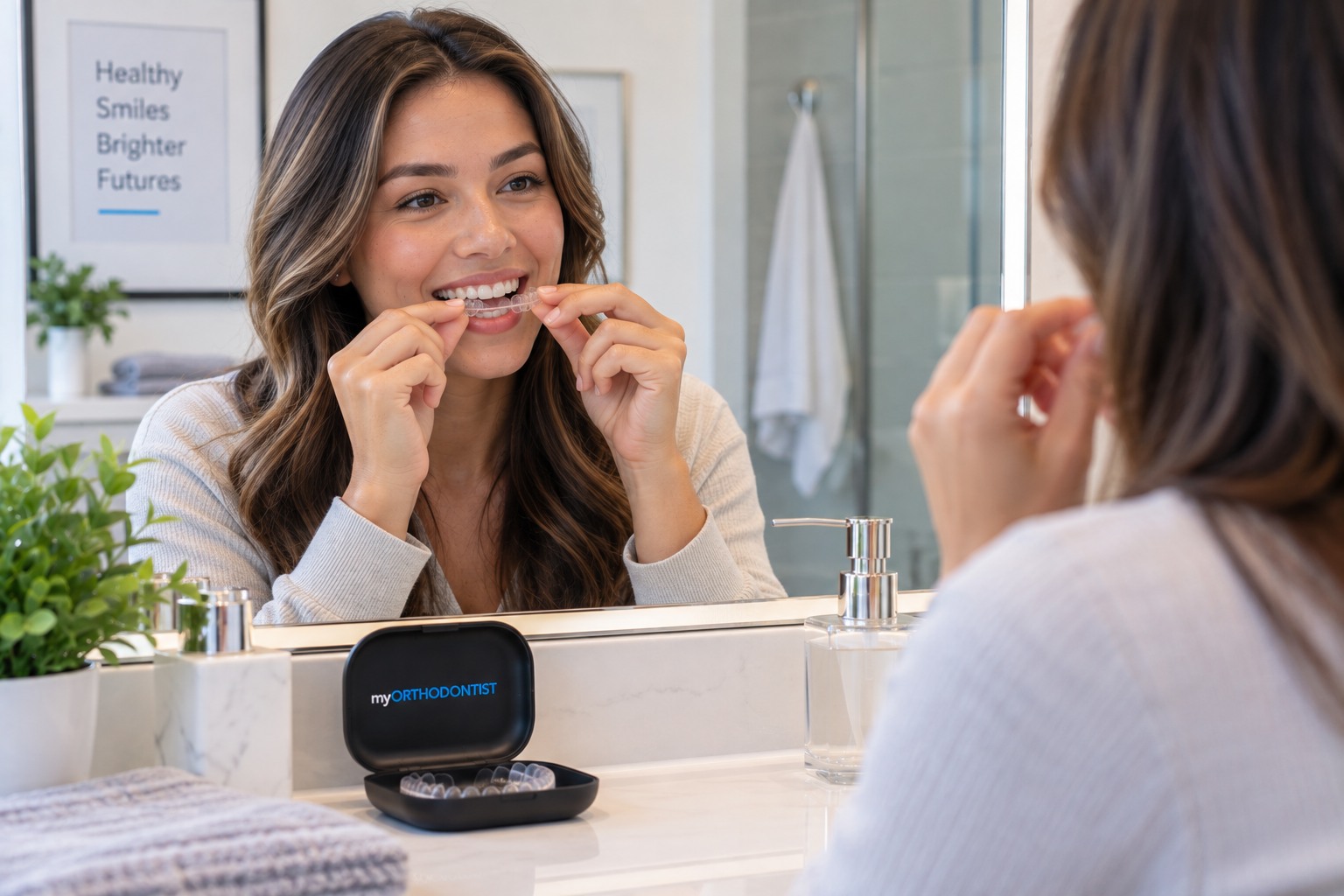Adult inserting a clear orthodontic aligner as part of a daily routine in Maple Ridge