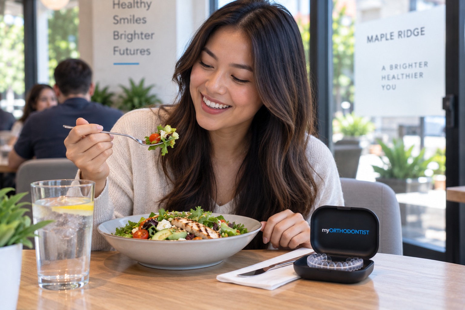 Adult storing clear aligners safely in their case before eating a meal