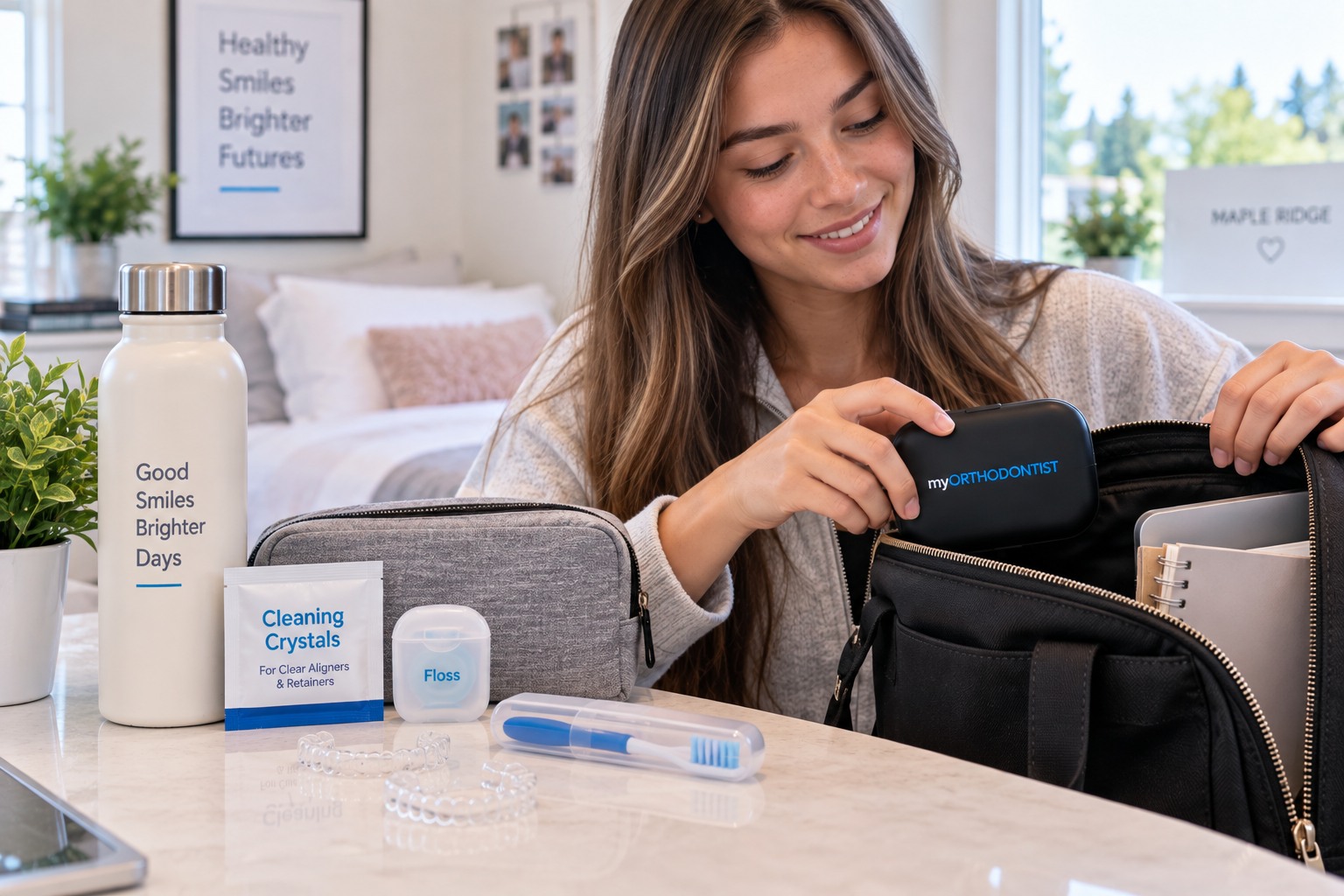 Clear aligner case and daily-care supplies being prepared during the first week of Invisalign treatment