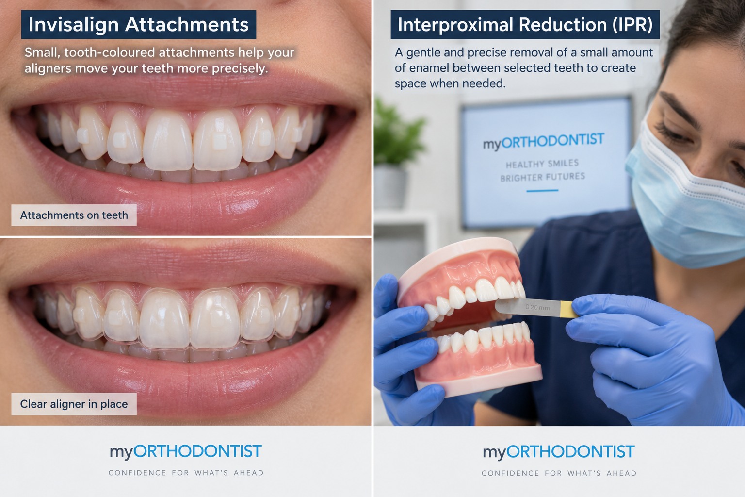 Clinical illustration of tooth-coloured Invisalign attachments and interproximal reduction used during clear aligner treatment