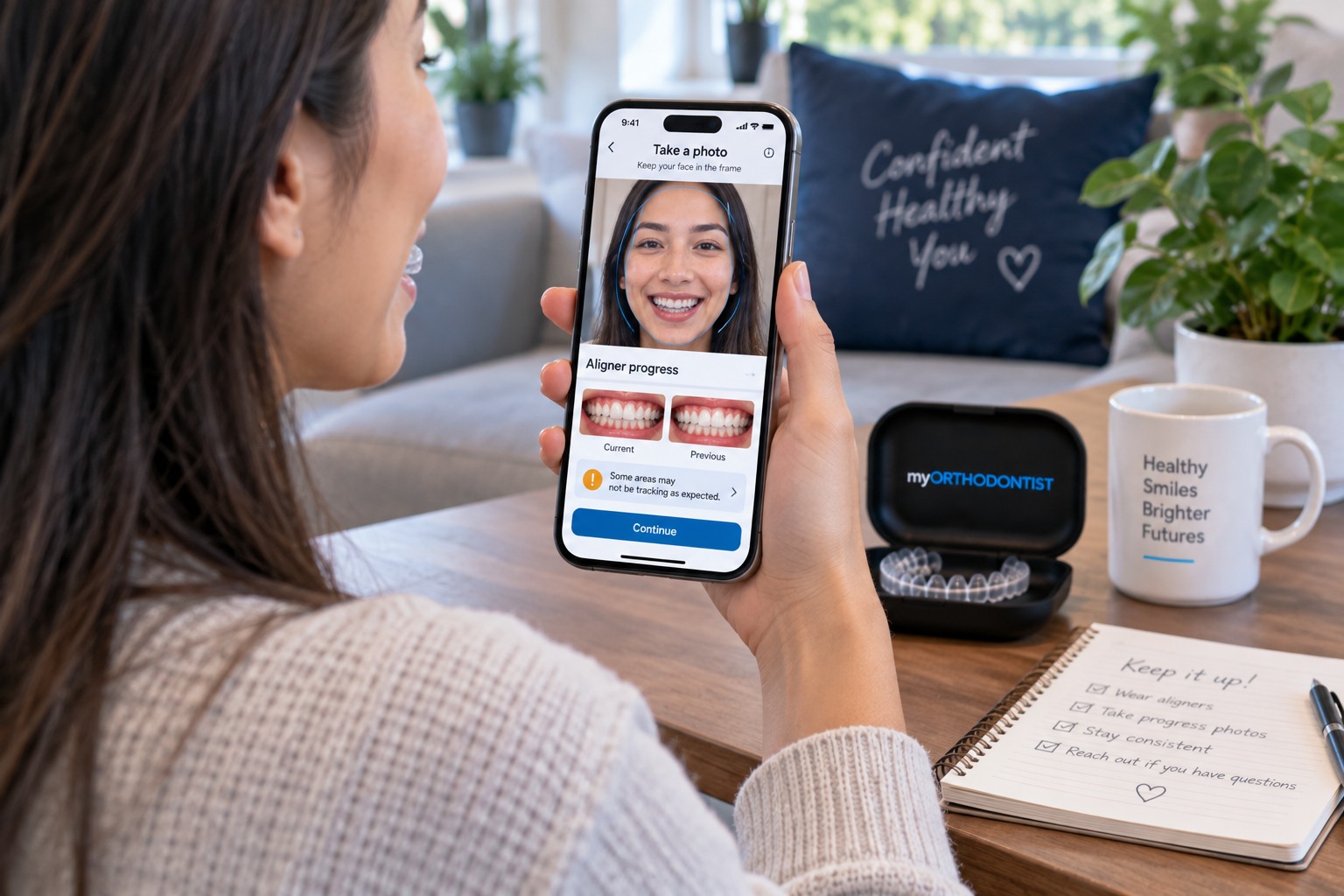 Patient using Invisalign Virtual Care to remotely monitor clear aligner tracking and treatment progress