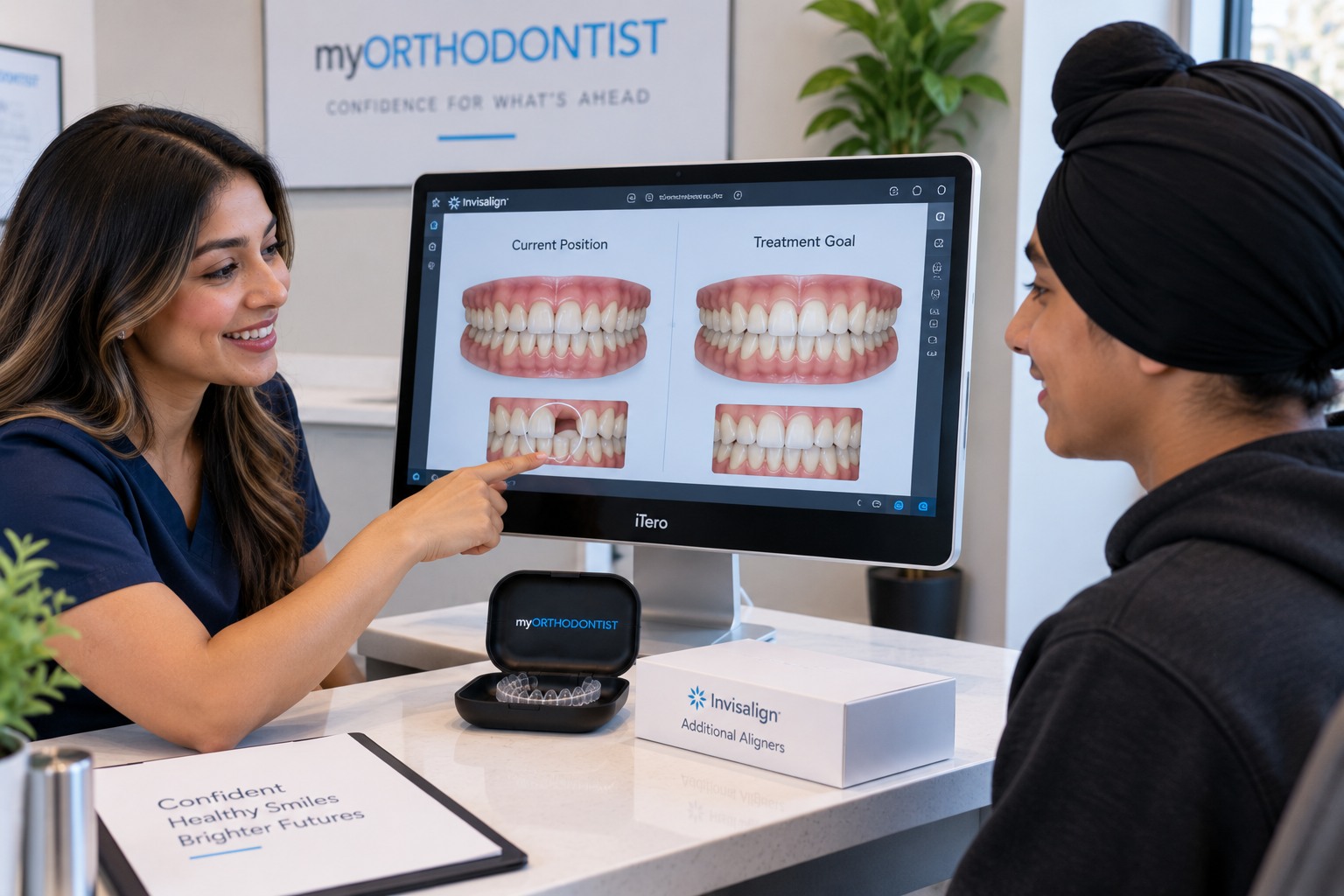 Patient reviewing an iTero scan and possible additional Invisalign aligners during a treatment refinement assessment