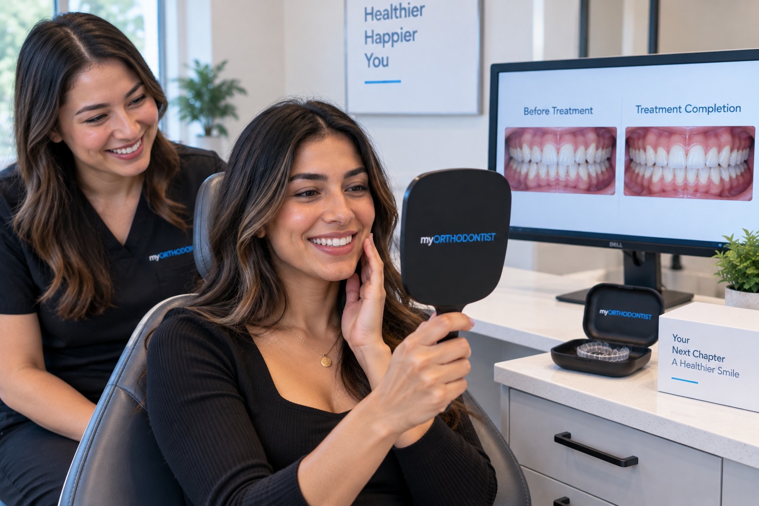 Patient reviewing their completed Invisalign treatment result and transition to orthodontic retention
